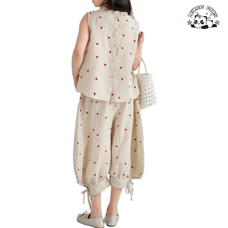 LEZONKIDS - Conjunto de duas peças de Top sem mangas e calças Lantern para meninas, conjunto de algodão para verão